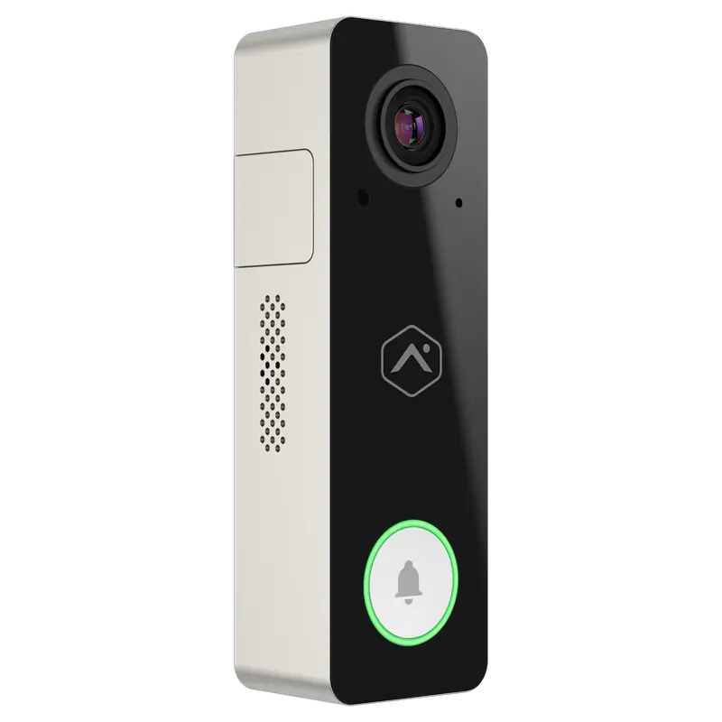 Silver and black Alarm.com video doorbell with a green lit button
