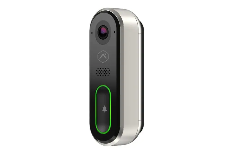 Slim Alarm.com video doorbell with camera lens and green lit button