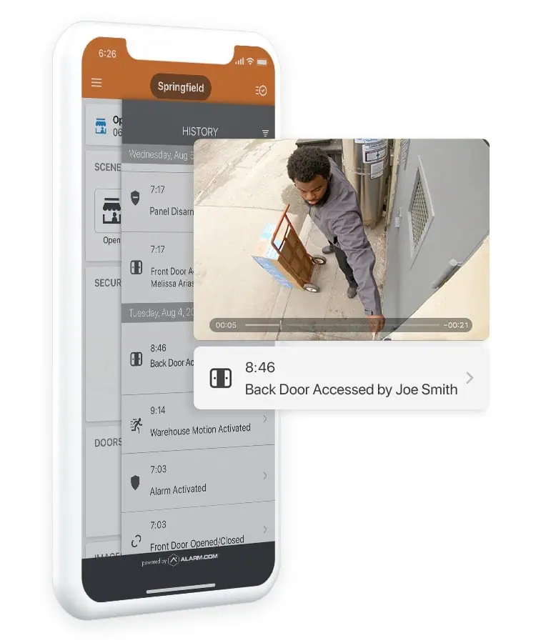 Phone app event history with a video clip of a delivery man at a back door, Back Door Accessed by Joe Smith