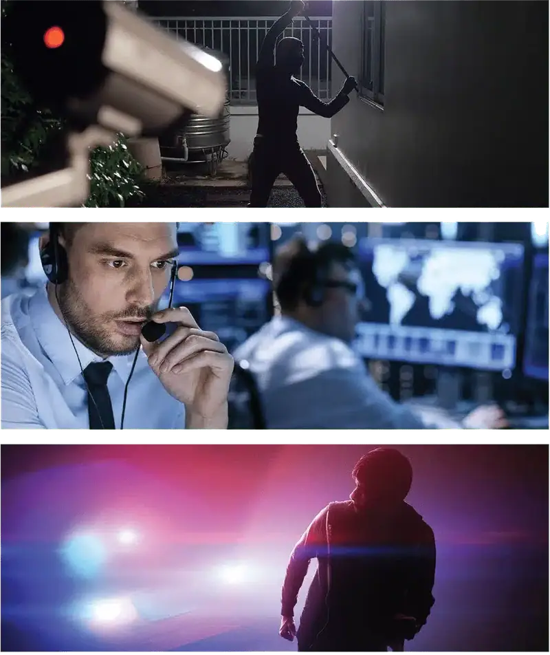 Three panel collage: intruder breaking a window near a camera, operator with headset speaking, suspect fleeing police lights