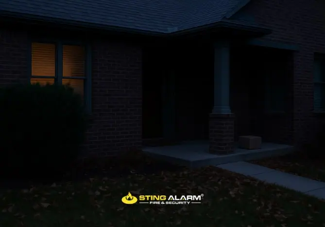 Brick house at night with an unlit porch, a package on the step, and a shrub blocking a window