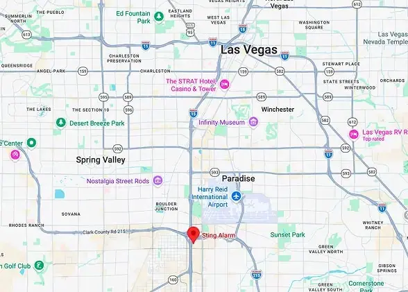 Map of the Las Vegas valley with a pin marking Sting Alarm near Interstate 15 south of the airport