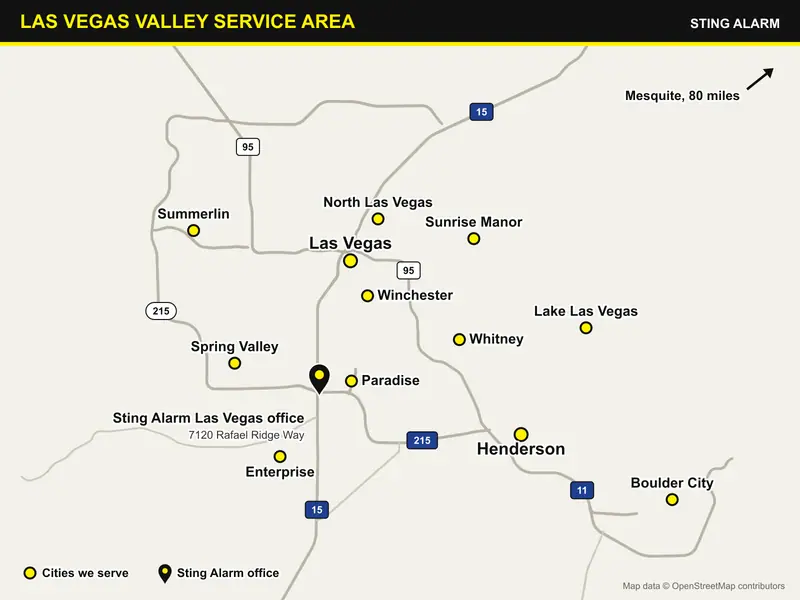 Map of the Las Vegas valley showing the Sting Alarm office near I-15 and I-215 and the communities we serve, from Summerlin and North Las Vegas to Henderson and Boulder City