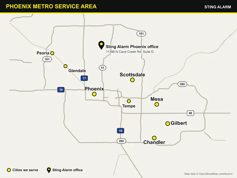 Map of the Phoenix metro showing the Sting Alarm Phoenix office on Cave Creek Road and the cities we serve: Phoenix, Scottsdale, Tempe, Mesa, Chandler, Gilbert, Glendale, and Peoria
