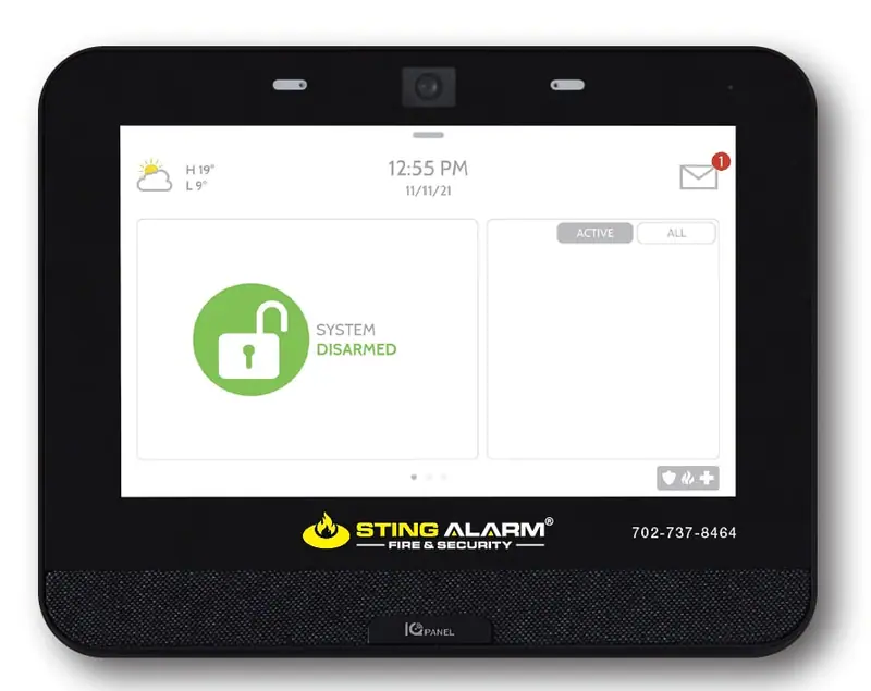 Qolsys IQ Panel touchscreen showing System Disarmed, branded with the Sting Alarm logo and 702-737-8464