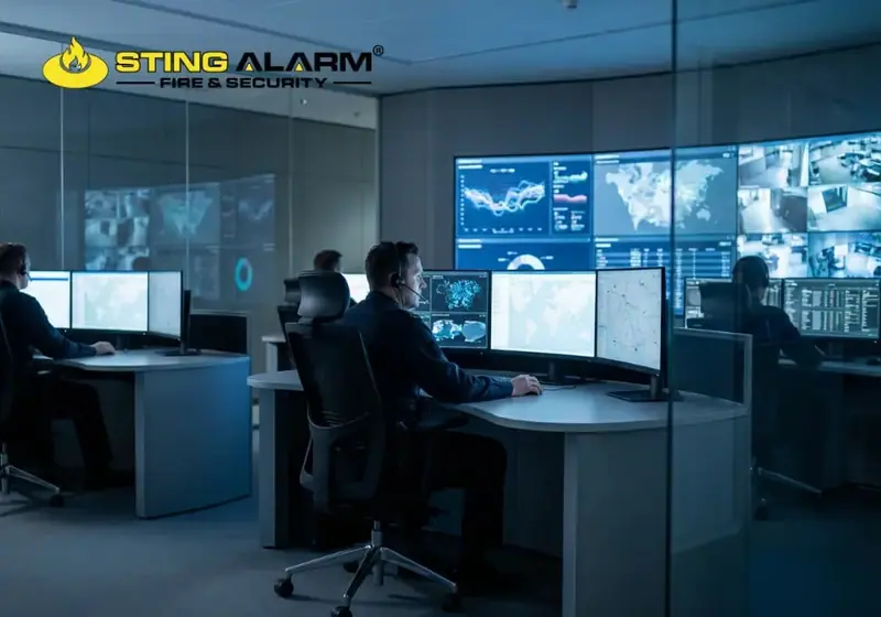 Operators with headsets at multi-monitor workstations in a dark monitoring center with maps and camera feeds