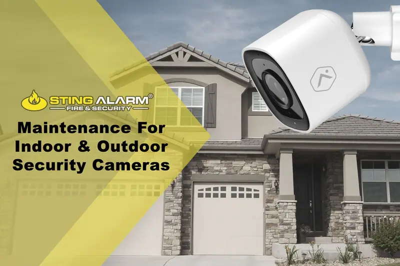 Outdoor security camera beside a stone-front house with text: Maintenance for Indoor and Outdoor Security Cameras