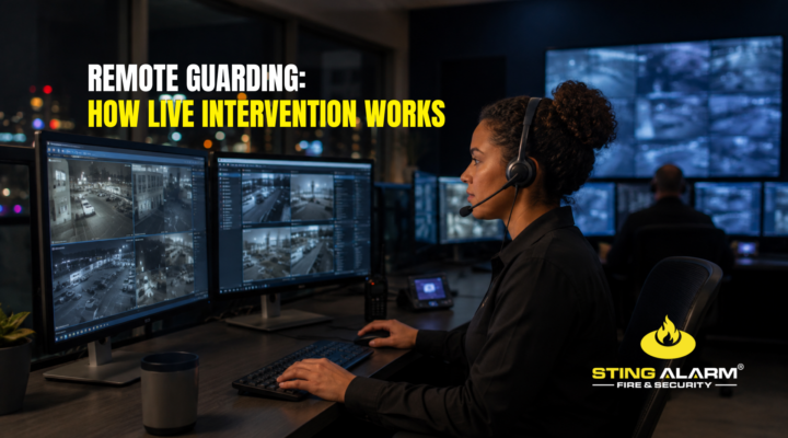 Remote guarding operator monitoring live security camera feeds with the text “Remote Guarding: How Live Intervention Works.”