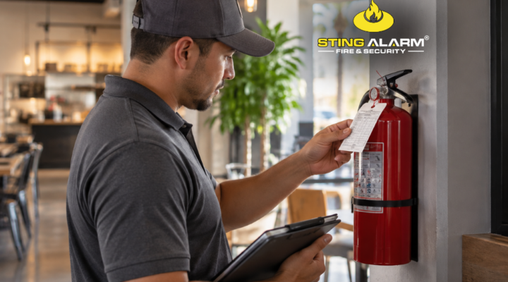 Sting Alarm technician reviewing the inspection tag on a wall-mounted fire extinguisher at a commercial property.