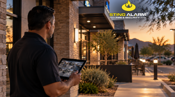 Business security professional reviewing camera feeds on a tablet outside a commercial property at dusk.