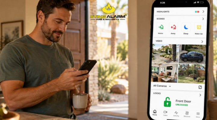 Homeowner checking his smart home security app on a smartphone while reviewing live camera feeds inside a bright residential kitchen.