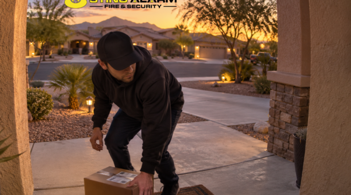 Hooded person taking a delivered package from a Southwest home porch at dusk, with an exterior video doorbell beside the door.